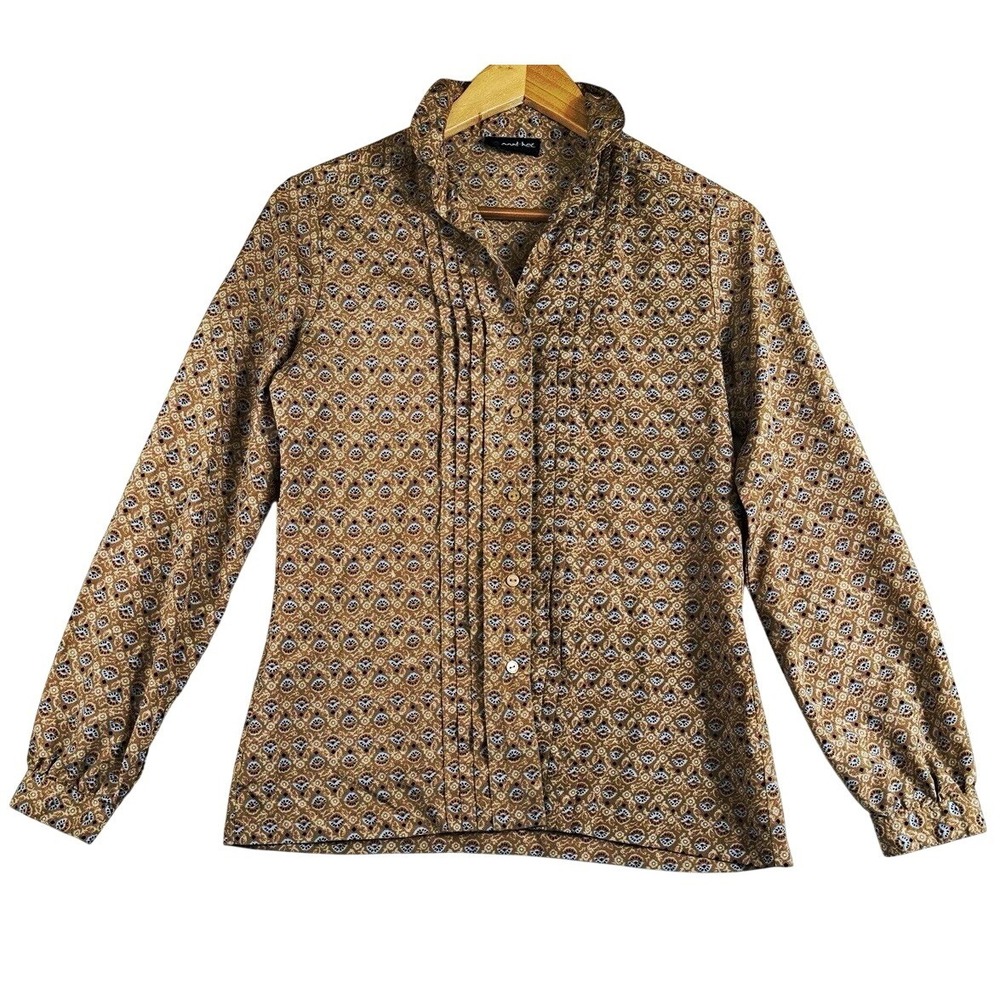 pan'her Geometric Button Up Blouse Pintuck Pleated Long Sleeve Beige S/M